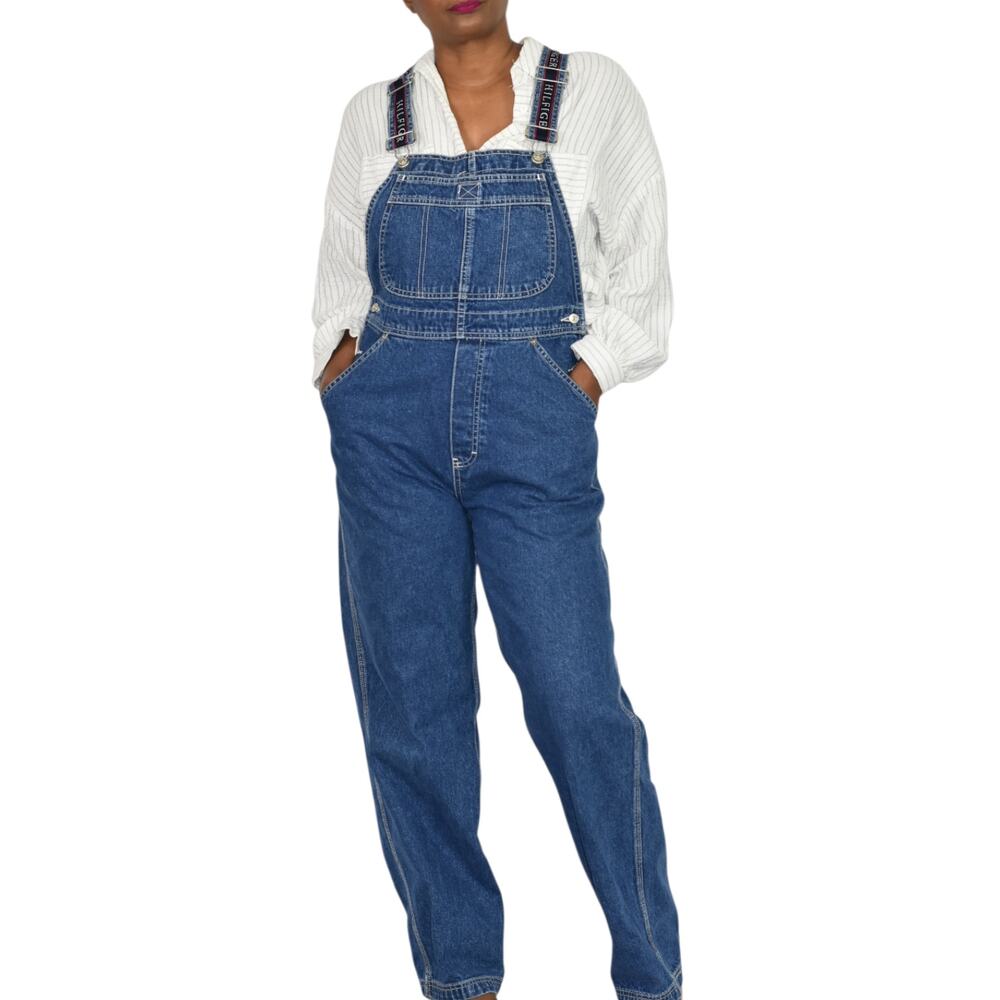 Vintage Tommy Hilfiger Bib Overalls Blue Denim Logo Straight Leg Dungaree Medium